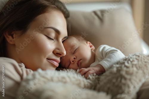 Sleeping, love and mother carry baby for bonding, relationship and child development together at home. Family, motherhood and happy mom with newborn for care, dreaming and affection in nursery room