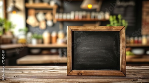 A empty blackboard set against a blurry cafe backdrop with a wooden surface, Generative AI.