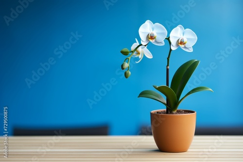 Blue background with blooming orchid in flowerpot on table, perfect for text space