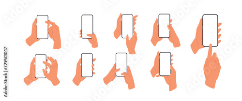 Mobile phone screen mockups set. Hands hold smartphone. Flat vector illustrations isolated on white