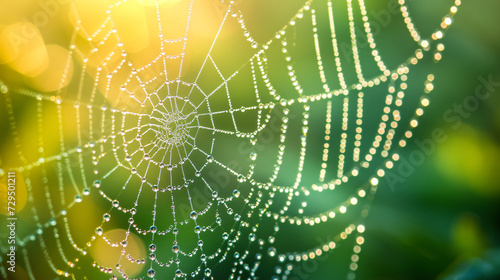 A breathtaking close-up of a dew-covered spider web in the early morning light.