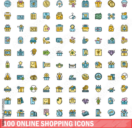 100 online shopping icons set. Color line set of online shopping vector icons thin line color flat on white