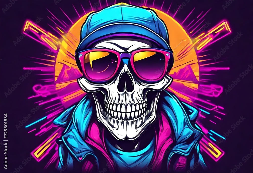 Neon hipster skull with sunglass for t shirt design, gaming logo, poster, banner