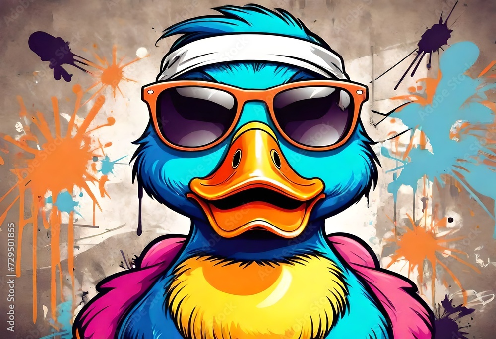 Funny colorful duck with sunglasses, graffiti artwork style