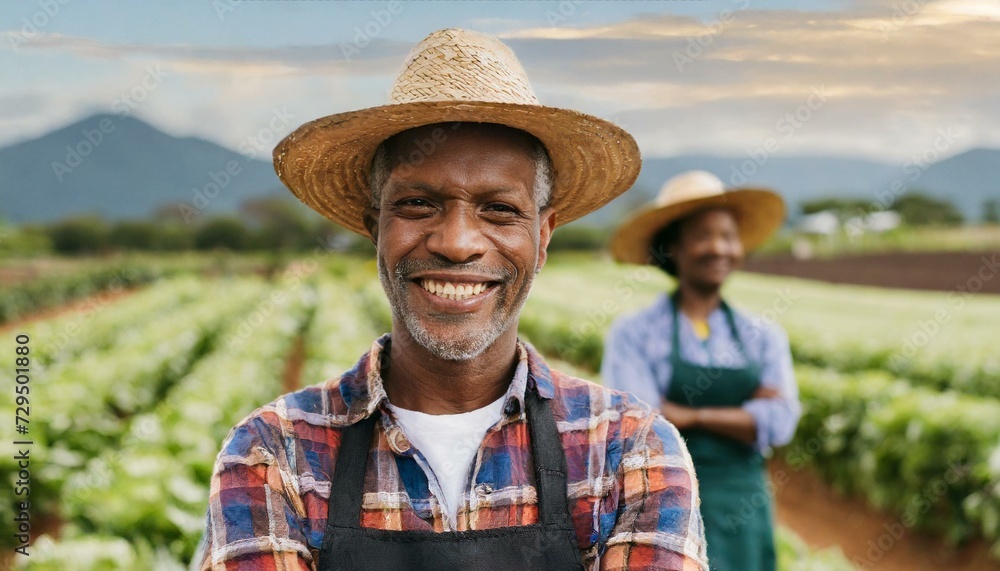 Fototapeta premium Farmer worker, older African woman standing in front of blurred local farm