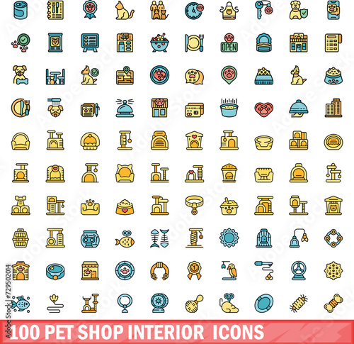 100 pet shop interior icons set. Color line set of pet shop interior vector icons thin line color flat on white