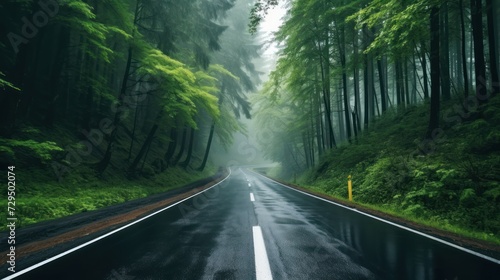 Road in foggy forest in rainy day in spring. Beautiful mountain curved roadway, trees with green foliage in fog and overcast sky.