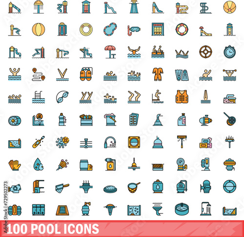 100 pool icons set. Color line set of pool vector icons thin line color flat on white