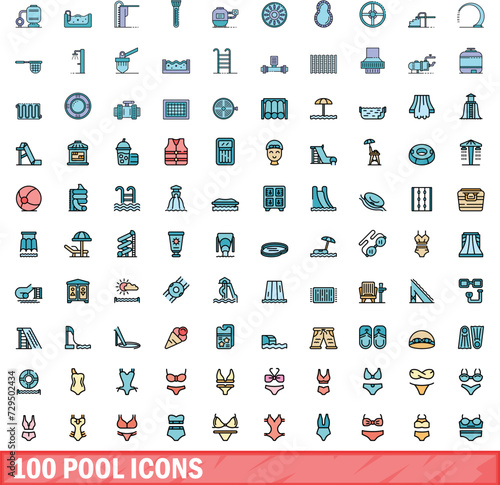 100 pool icons set. Color line set of pool vector icons thin line color flat on white