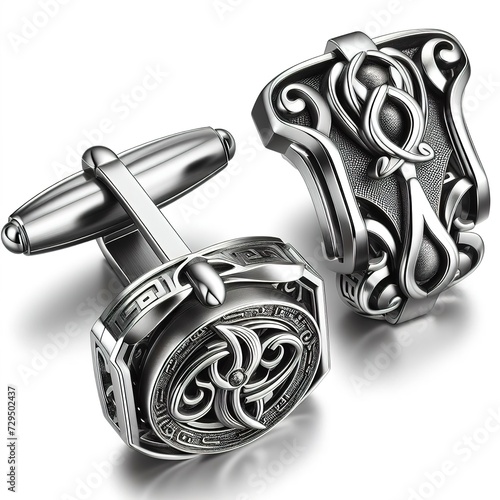 A pair of stainless steel cufflinks on white background photo