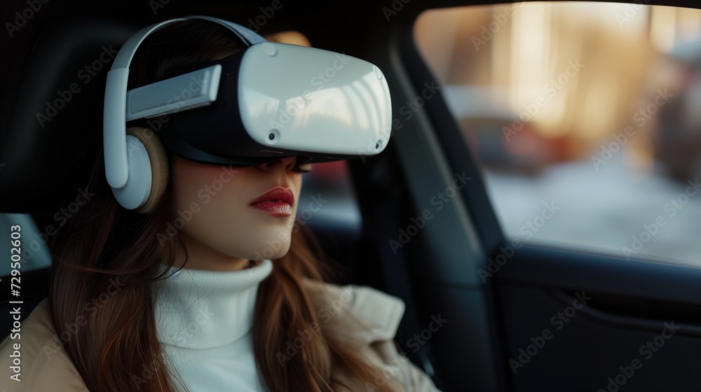 Virtual Reality Driving Experience, futuristic driving simulation, wearing a high-tech virtual reality headset while seated behind the steering wheel of a modern car interior. Virtual Reality Driving Experience, futuristic driving simulation, wearing a high-tech virtual reality headset while seated behind the steering wheel of a modern car interior.