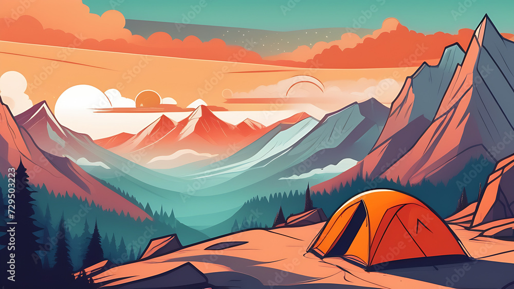 Minimalist design. Panorama of a mountain landscape in the sun's rays. Tent against the backdrop of mountains Minimalist design. Panorama of a mountain landscape in the sun's rays. Tent against the backdrop of mountains