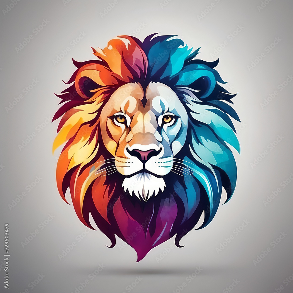 Abstract Watercolor Lion Head Logo: Vibrant Portrait of the Jungle King, Bold and Beautiful on White