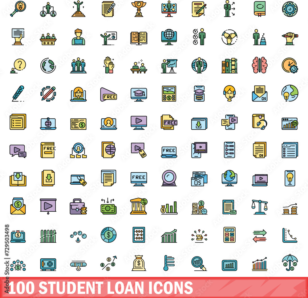 100 student loan icons set. Color line set of student loan vector icons thin line color flat on white 100 student loan icons set. Color line set of student loan vector icons thin line color flat on white