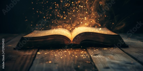 Enchanted Book Emits Magical Glows, Captivating In The Darkness, Casting Spells. Сoncept Mystical Forest, Fairy Tale Creatures, Spellbinding Adventures, Secret Sorcery, Enchanted Artifacts