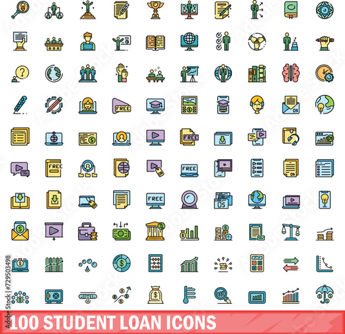 100 student loan icons set. Color line set of student loan vector icons thin line color flat on white
