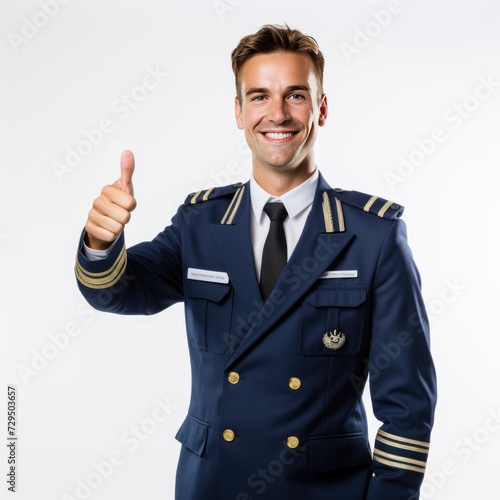 Cheerful airline pilot wearing uniform with epaulets showing thumb up gesture of approval, standing on white background photo