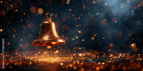 Shimmering Gold Confetti Frames A 3D Visualization Of A Christmas Bell Against A Dark Background. Сoncept Golden Christmas Bells, Confetti Frames, 3D Visualizations, Dark Background