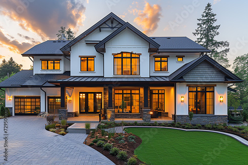 Beautiful modern farmhouse style luxury home exterior at twilight photo