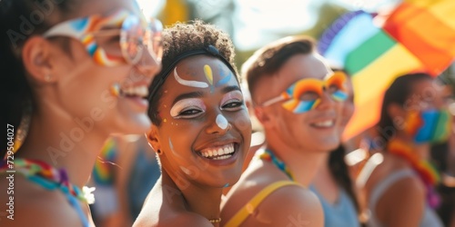 Embracing Diversity And Joyful Celebrations At Pride Parade, Masked Smiles Shine Bright. Сoncept Lush Green Landscapes, Sun-Kissed Beaches, Majestic Mountain Views, Urban Exploration