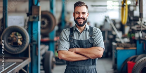 Happy Mechanic In Uniform Smiling At The Camera At His Auto Repair Shop. Сoncept Auto Repair Expert, Mechanic In Uniform, Smiling At Camera, Auto Repair Shop, Happy Technician