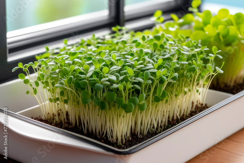 Fresh Close up microgreens in a tray on the home windowsill.