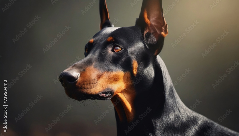 Portrait of Doberman Pinscher breed dog posing on dark background. Canine companion.