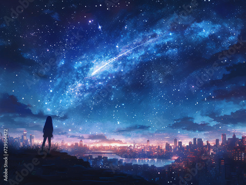 A person standing on a rooftop, looking up at a starry sky filled with shooting stars and city lights.