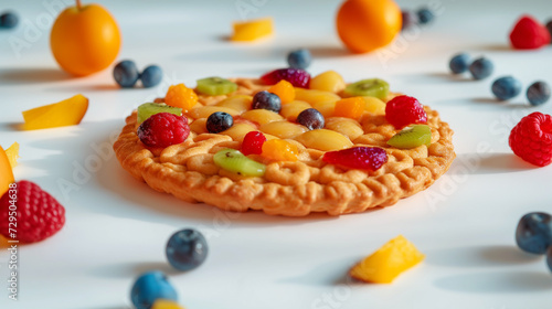Crispy biscuit with fruits on white background, closeup