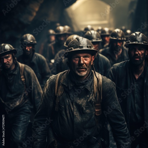 Group of miners with hard hats going to work in a mine