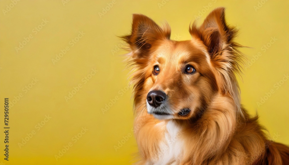 Portrait of cute red-haired fluffy dog on yellow background. Adorable pet.