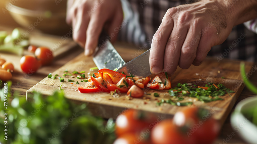 A close-up of a chefs hands expertly slicing fresh vibrant vegetables on a wooden chopping board.
