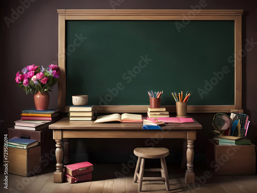 about Education concept - school supplies on the desk in the auditorium, blackboard background