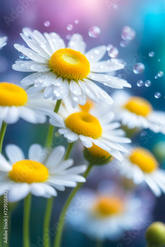 Spring flowers of white chamomile macro with drops of water on the petals.