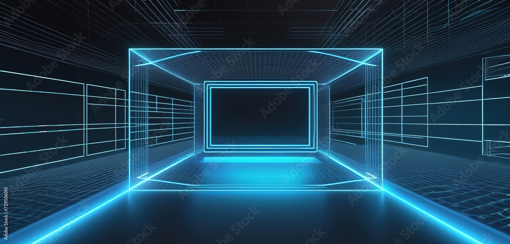 blue Hologram wireframe of Virtual Reality glass headset Future Concept Simulation and connect technology.ai generated blue Hologram wireframe of Virtual Reality glass headset Future Concept Simulation and connect technology.ai generated