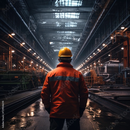 Worker wearing orange hat standing in the middle of a clean modern steel factory