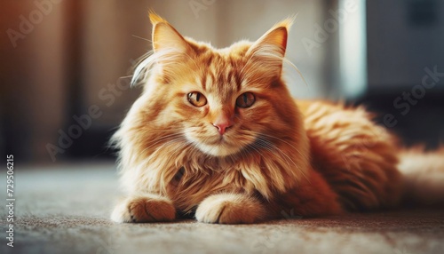 Cute red-haired fluffy cat lying on the floor at home. Adorable pet. © hardvicore