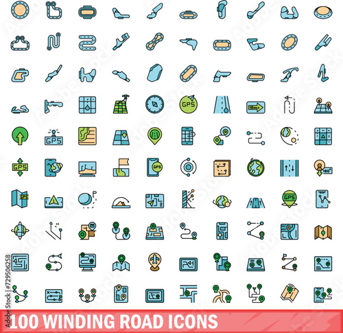 100 winding road icons set. Color line set of winding road vector icons thin line color flat on white