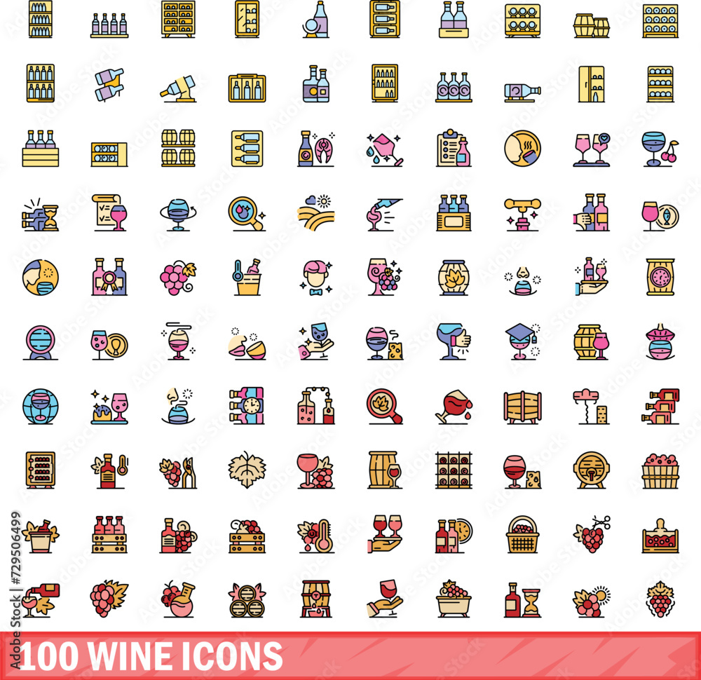 Fototapeta premium 100 wine icons set. Color line set of wine vector icons thin line color flat on white