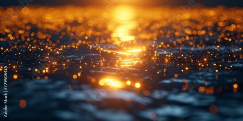 Captivating Golden Bokeh Transforms Abstract 3D Water Surface Into A Mesmerizing Render. Сoncept Macro Nature Photography, Serene Forest Landscapes, Dramatic Sunsets, Urban Street Art
