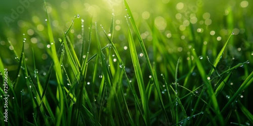 Capturing The Serene Beauty Of Nature: Morning Dew Glistens On Vibrant Green Grass. Сoncept Macro Photography, Capturing The Intricate Details Of Nature's Wonders
