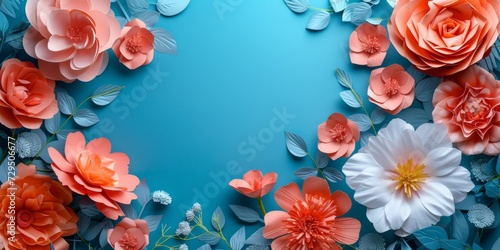 Beautiful Paper Flowers On A Vibrant Blue Background - Ideal For Greeting Cards And Adding Text. Сoncept Soft Pastel Illustrations For Children's Books, Dramatic Landscape Photography