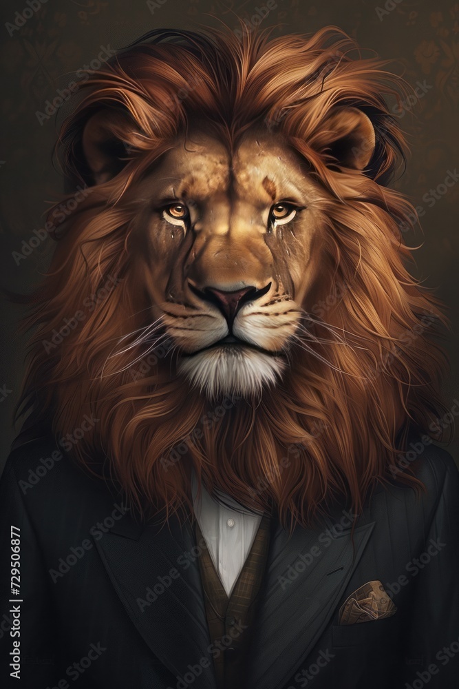 Dive into the World of Artistic Fusion - A Majestic Lion Dressed in Sophisticated Human Attire, A Unique Blend of Wildlife Majesty and Formal Fashion Elegance Dive into the World of Artistic Fusion - A Majestic Lion Dressed in Sophisticated Human Attire, A Unique Blend of Wildlife Majesty and Formal Fashion Elegance