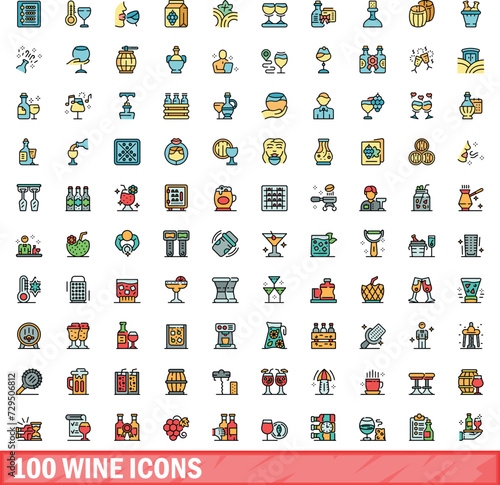 100 wine icons set. Color line set of wine vector icons thin line color flat on white