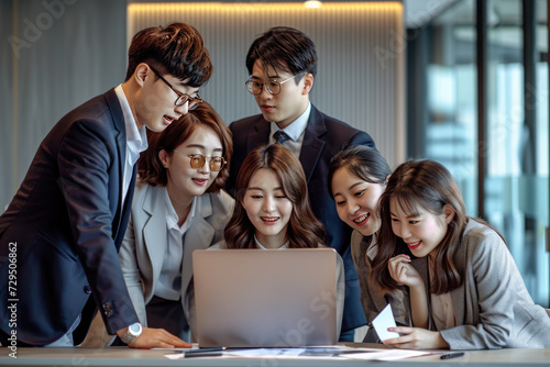a group of asian people standing near a laptop Discuss new project looking at screen of laptop.