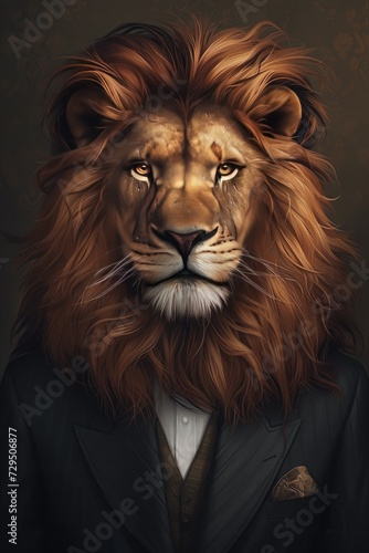 Dive into the World of Artistic Fusion - A Majestic Lion Dressed in Sophisticated Human Attire, A Unique Blend of Wildlife Majesty and Formal Fashion Elegance