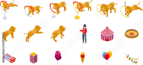 Lion fire performance icons set isometric vector. Animal acrobat. Carnival circus
