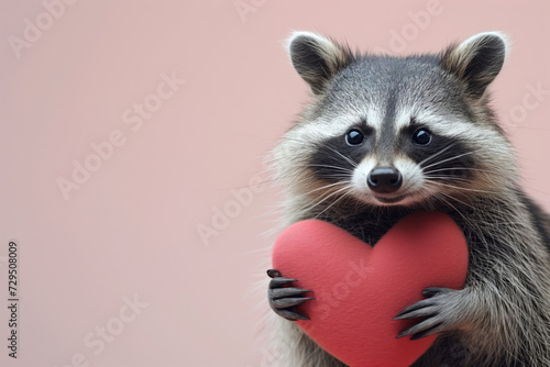 Beautiful cute raccoon holding a plush heart on a pink background with space for your text