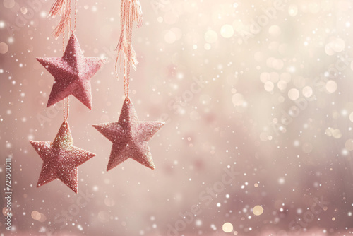 Birthday Background Pastel Peach Colours delicate powder pink Glitter Stars hang with soft caramel brown copy space 