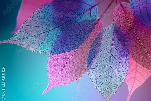 Macro leaves background texture blue, turquoise, pink color. Transparent skeleton leaves. Bright expressive colorful beautiful artistic image of nature. generative ai.